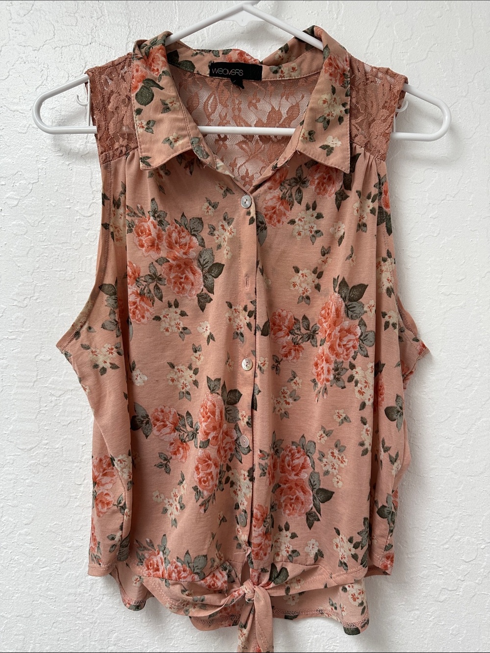 Wolven Blush Pink Floral Tie-Front Lace Yoke Sleeveless Top